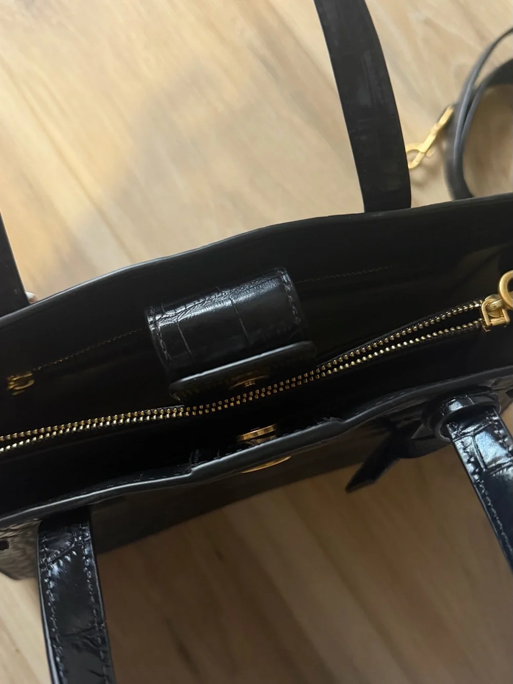 Tory Burch Black Croc-Embossed Satchel with Gold Hardware